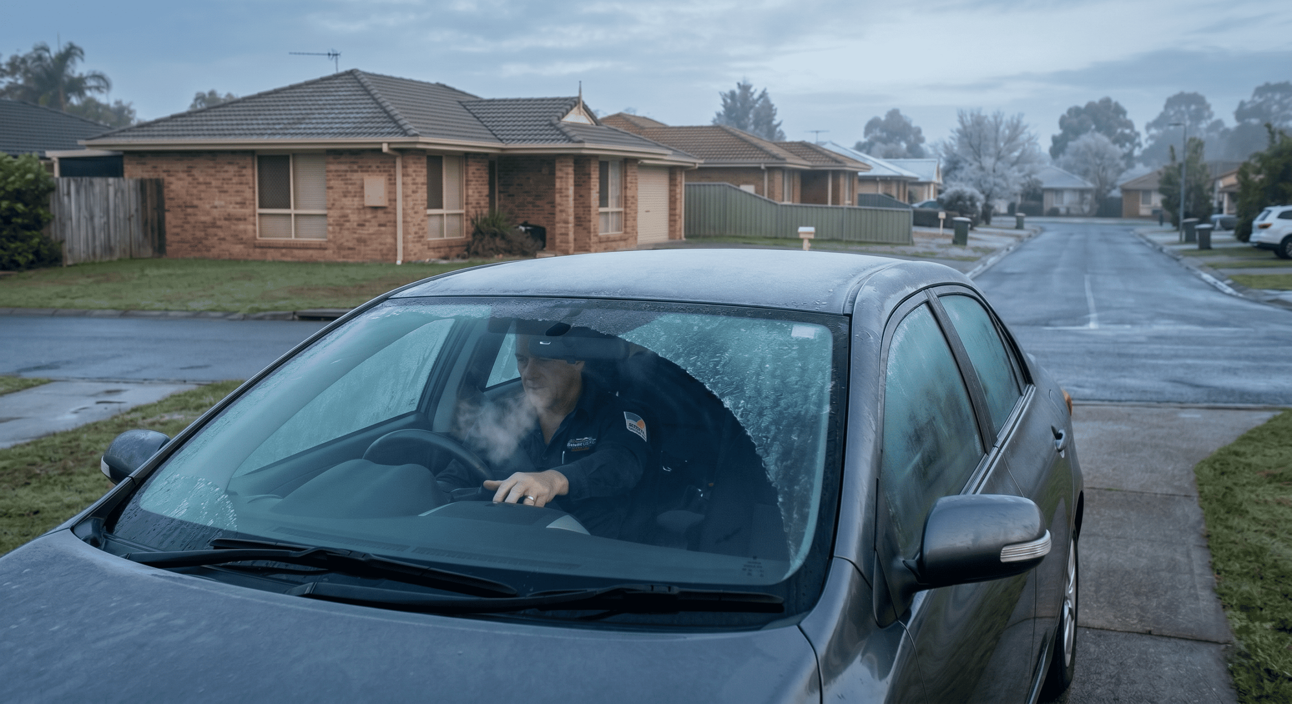 A driver sitting inside a vehicle with a heavily fogged windscreen on a cold morning, demonstrating the need for fast winter car ac demisting.